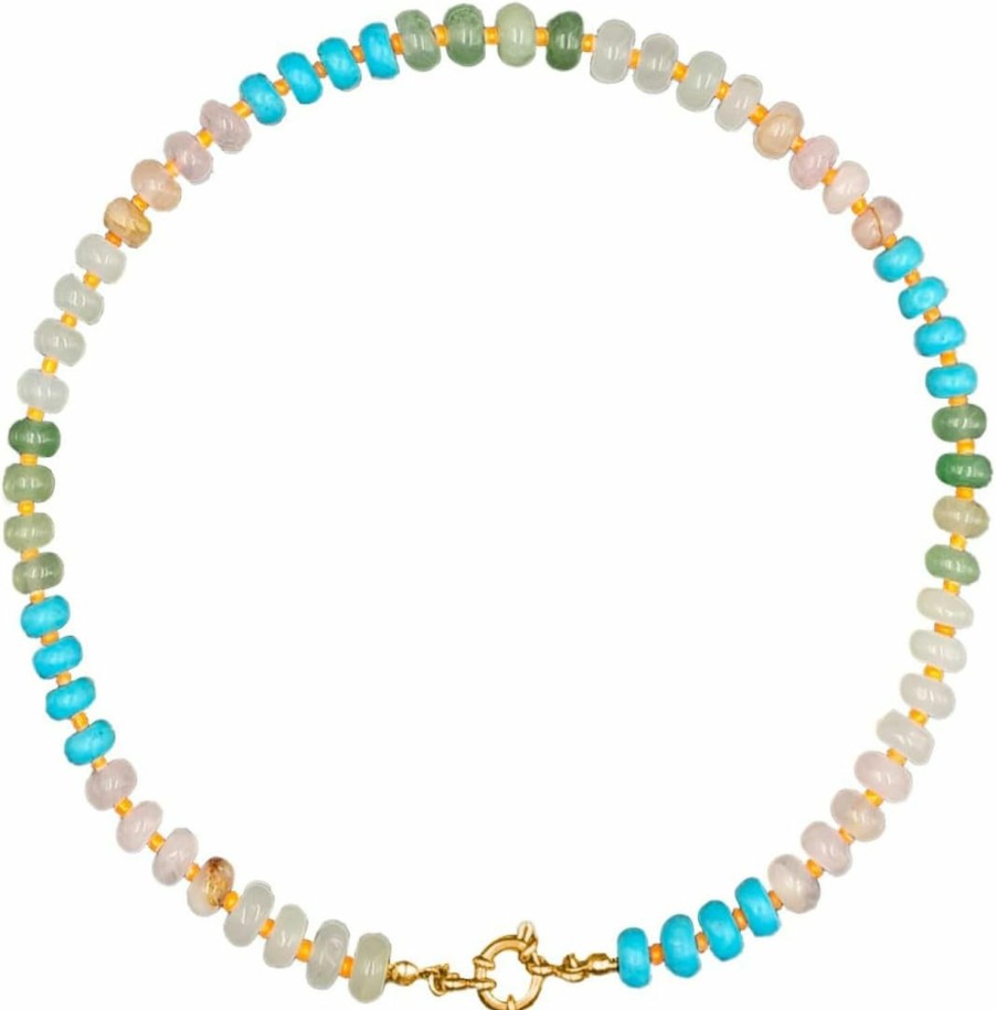 Necklaces | NORLSO Norlso Natural Stone Beaded Necklace For Women Colorful Beads Choker Necklace Boho Handmade Necklace 14K Gold Plated Circular Buckle Surfer Beach Necklace Summer Jewelry Gift For Women Girls