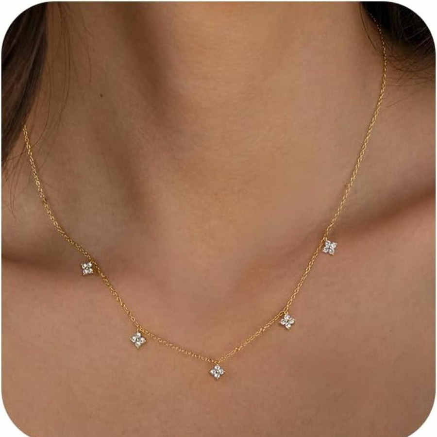 Necklaces | Freekiss Freekiss Gold/Silver Necklace For Women, Dainty Chain Necklace 14K Gold Plated Station Choker Necklace Non Tarnish Small Cute Clover Flower Cz Diamond Necklaces Jewelry For Women Gifts