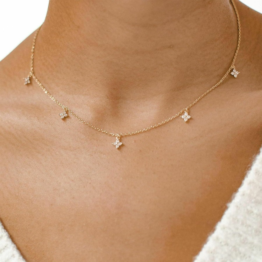 Necklaces | Freekiss Freekiss Gold/Silver Necklace For Women, Dainty Chain Necklace 14K Gold Plated Station Choker Necklace Non Tarnish Small Cute Clover Flower Cz Diamond Necklaces Jewelry For Women Gifts