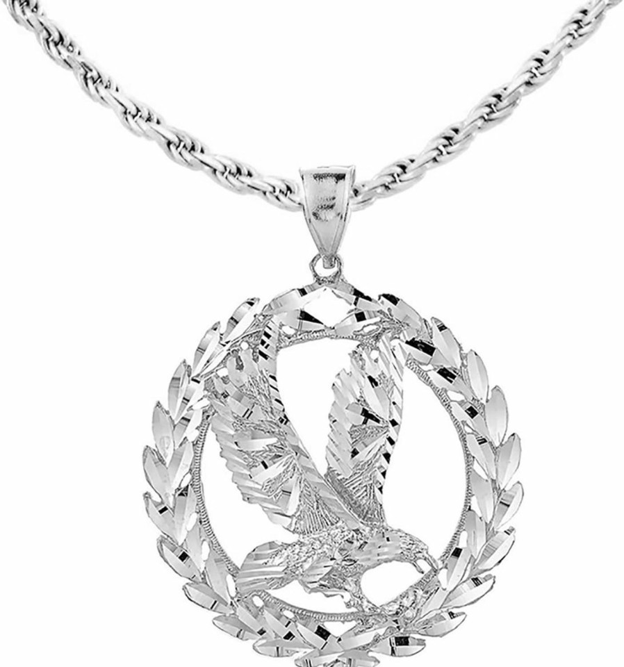 Necklaces | Animal Kingdom Animal Kingdom .925 Sterling Silver 2-1/3\" Patriotic Usa American Eagle With Olive Wreath Peace Round Pendant Necklace - Choice Of Chain Length