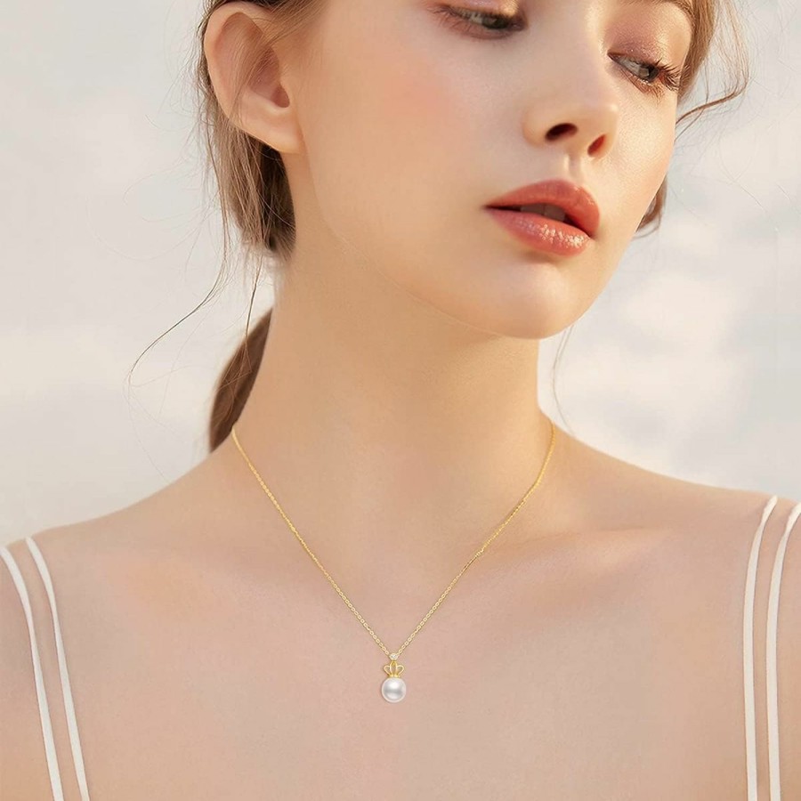 Necklaces | SISGEM 14K Real Gold Pearl Pendant Necklace For Women,Yellow Gold Butterfly/Crown/Flower Pearl Necklaces Christmas Birthday Jewelry Present For Wife Mom Girlfriend 16''-18''