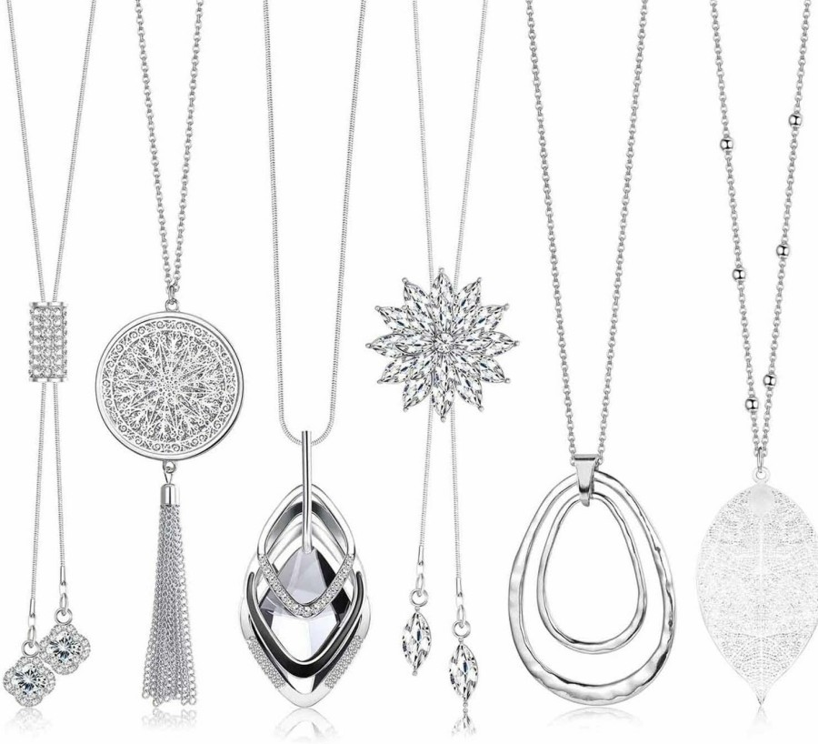 Necklaces | Jstyle Jstyle 6Pcs Long Pendant Necklaces For Women Long Sweater Necklaces Silver Flower Tassel Disk Circle Leaf Statement Sweater Chain Necklace For Women Y Necklace Set Fashion Jewelry