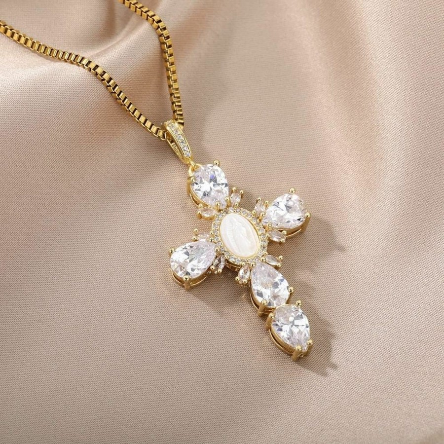 Necklaces | EGO VINA Ego Vina White Crystal Zircon Cross Necklace For Women Choker Charm Virgin Mary Pendant Box Chain Female Jewelry Collier Femme - Gold-Color - 17.5 Inch (Box)