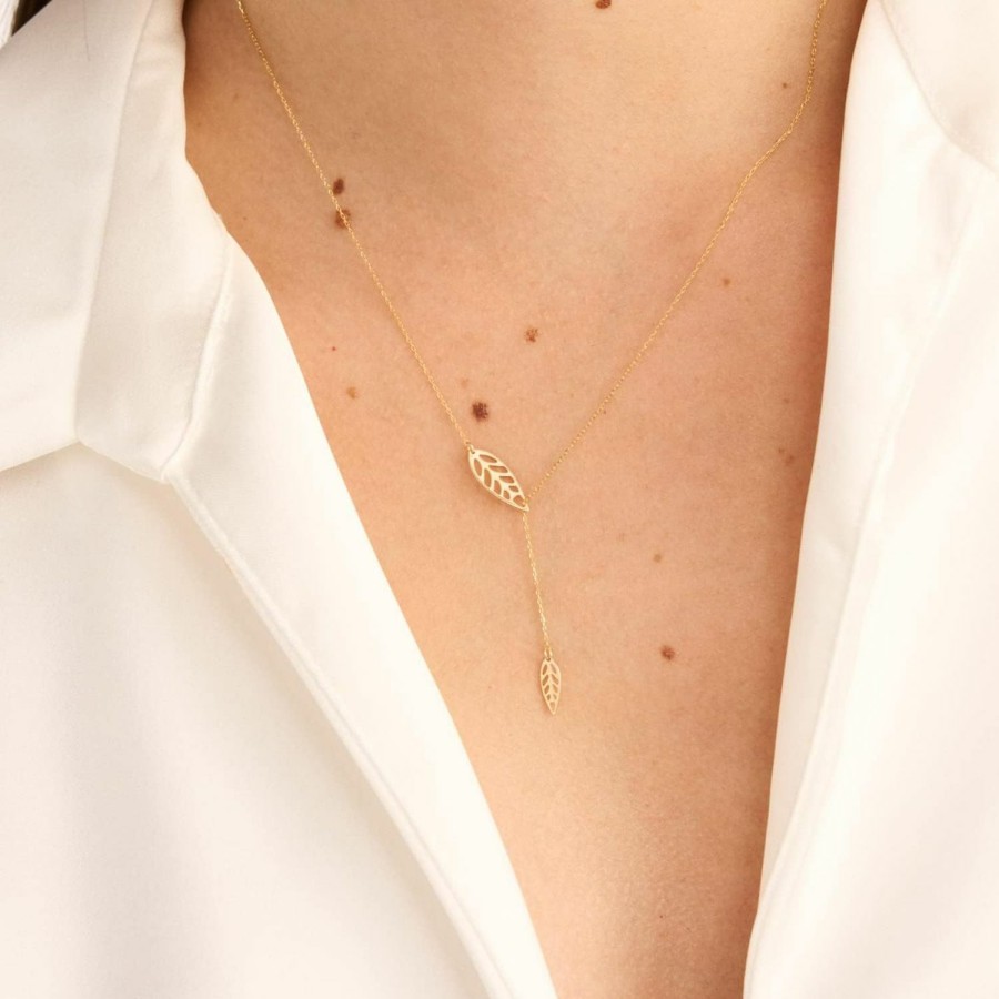 Necklaces | GELIN 14K Solid Gold Leaf Y Shape Necklace | 14K Yellow Gold Lariat Necklace For Women | Flower Pendant Necklace | Dainty Nature Themed Jewelry | Gifts For All Occasions, 18\"