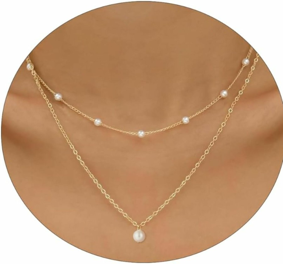 Necklaces | Sewyer Sewyer Dainty Layered Pearl Necklaces For Women 14K Gold Plated Pearl Necklace Layering Pearl Paperclip Necklace Trendy Women Pearl Pendant Jewelry Gifts