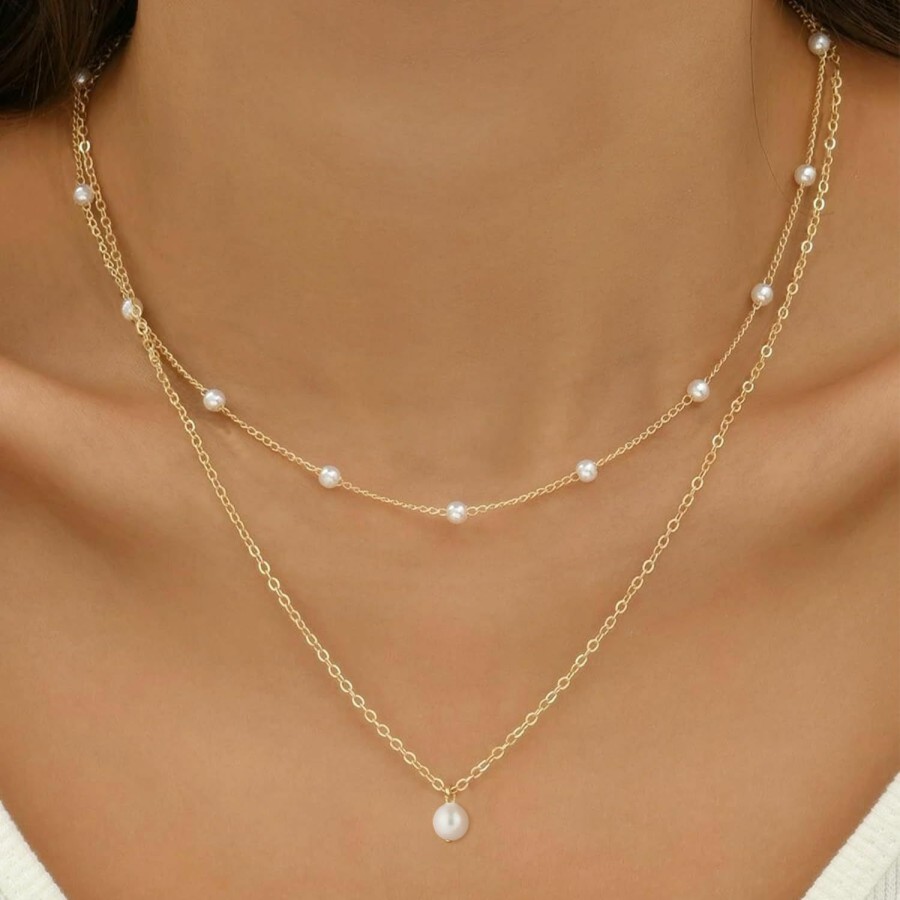 Necklaces | Sewyer Sewyer Dainty Layered Pearl Necklaces For Women 14K Gold Plated Pearl Necklace Layering Pearl Paperclip Necklace Trendy Women Pearl Pendant Jewelry Gifts