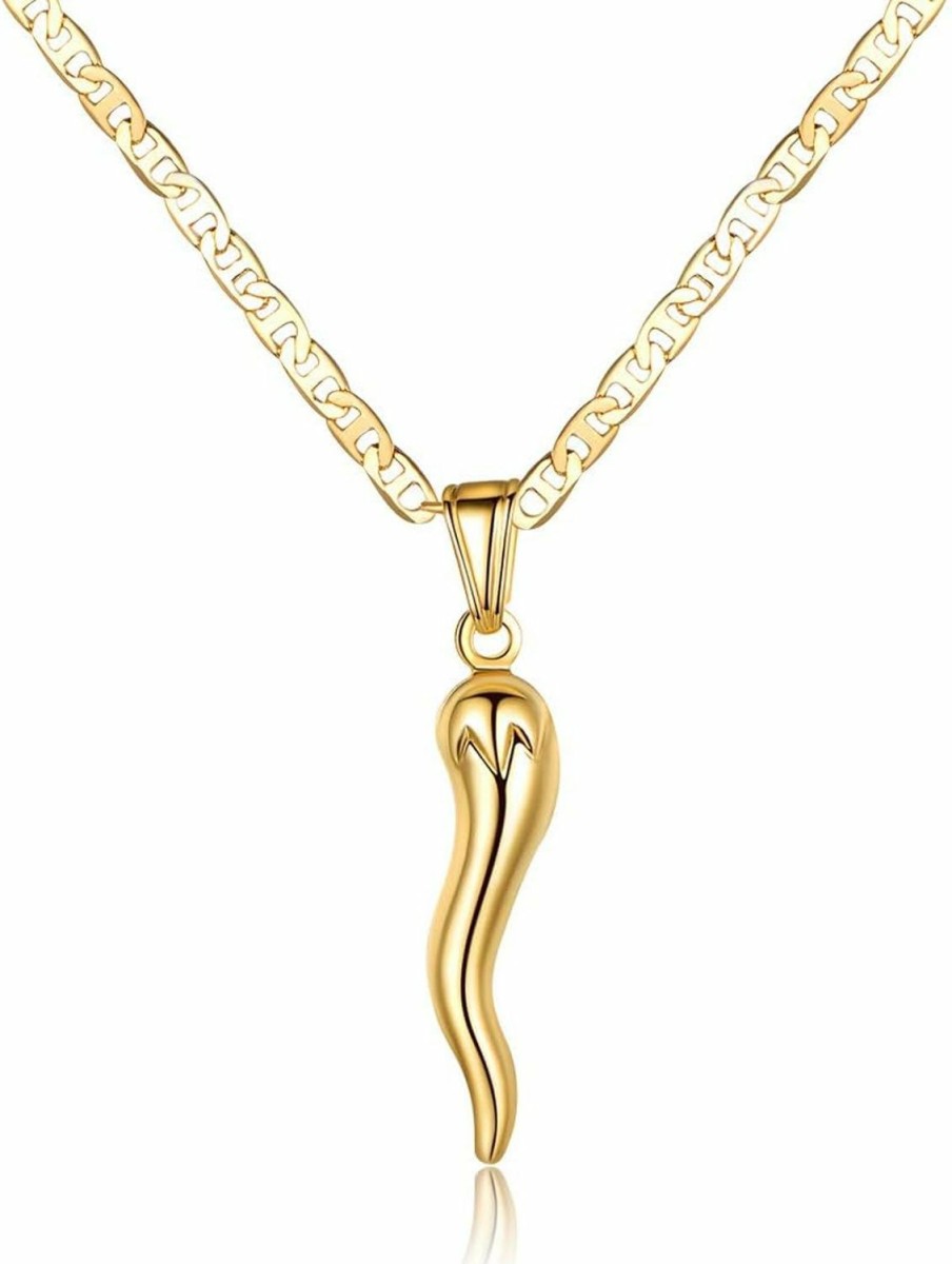 Necklaces | Barzel Barzel 18K Gold Plated Flat Marina Chain With Italian Horn Necklace Cornicello - Made In Brazil