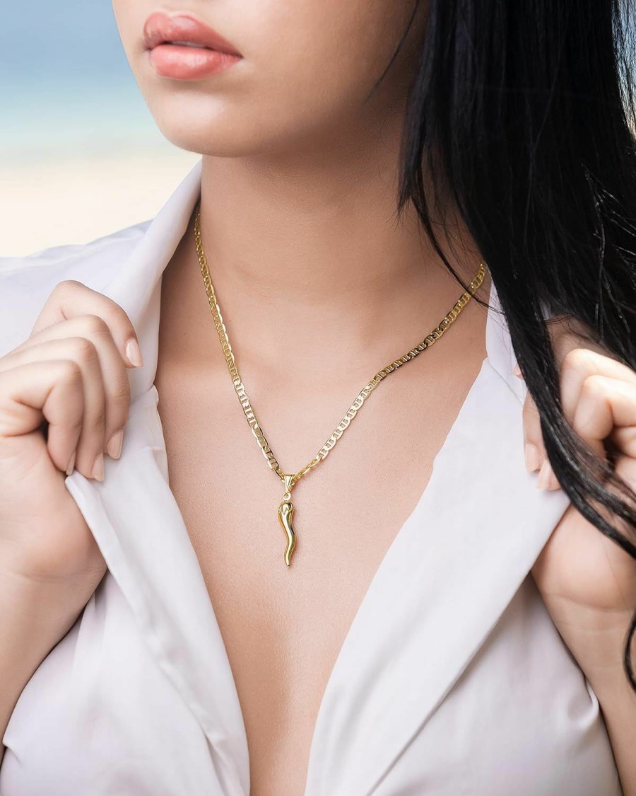 Necklaces | Barzel Barzel 18K Gold Plated Flat Marina Chain With Italian Horn Necklace Cornicello - Made In Brazil