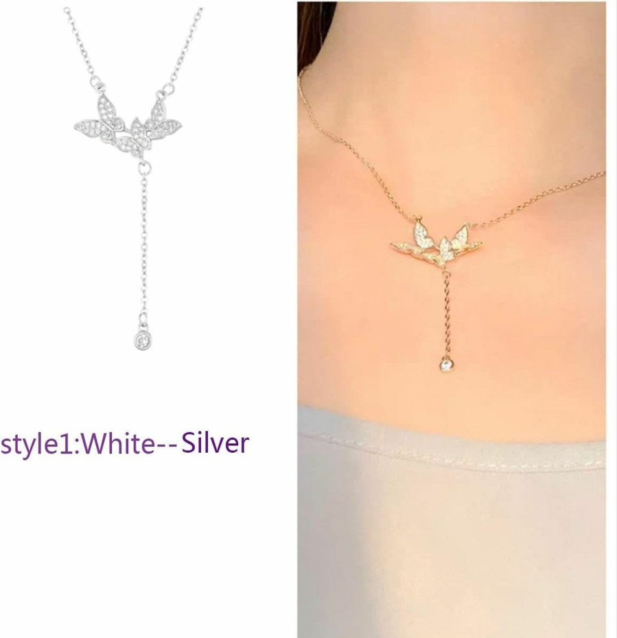 Necklaces | XINSHUN Xinshun Real 925 Sterling Silver Long Zircon Butterfly Necklaces Pendant Fashion Sterling Silver Jewelry Statement Chain Necklace For Women Ladies Girls Gifts