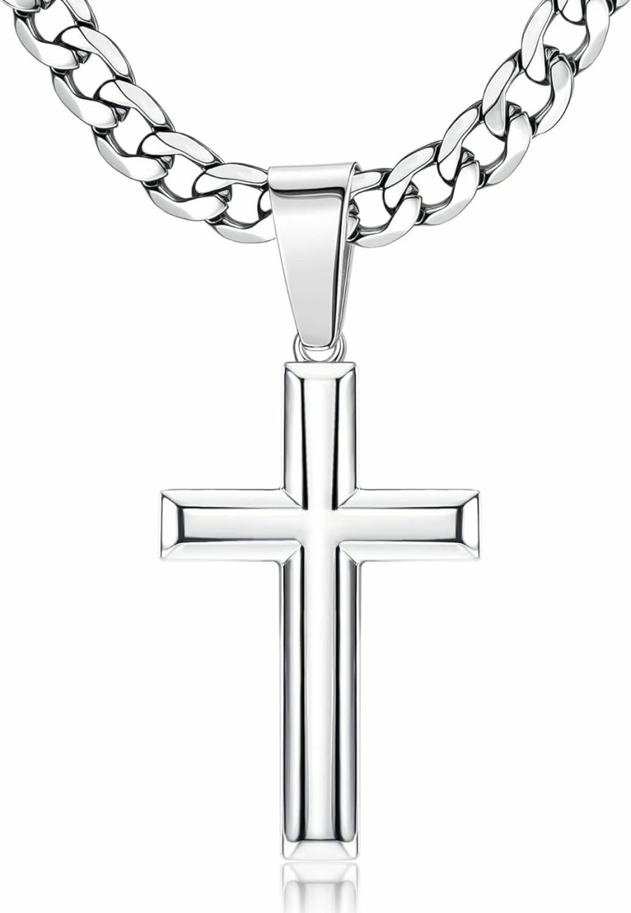 Necklaces | Besteel Besteel 925 Sterling Silver Cross Necklace For Men Women 5Mm Big Beveled Edge Men'S Stainless Steel Diamond Cut Durable Cuban Link Chain Curb Chain Crucifix Cross Pendant Necklace Jewelry Gifts 16-30 Inches