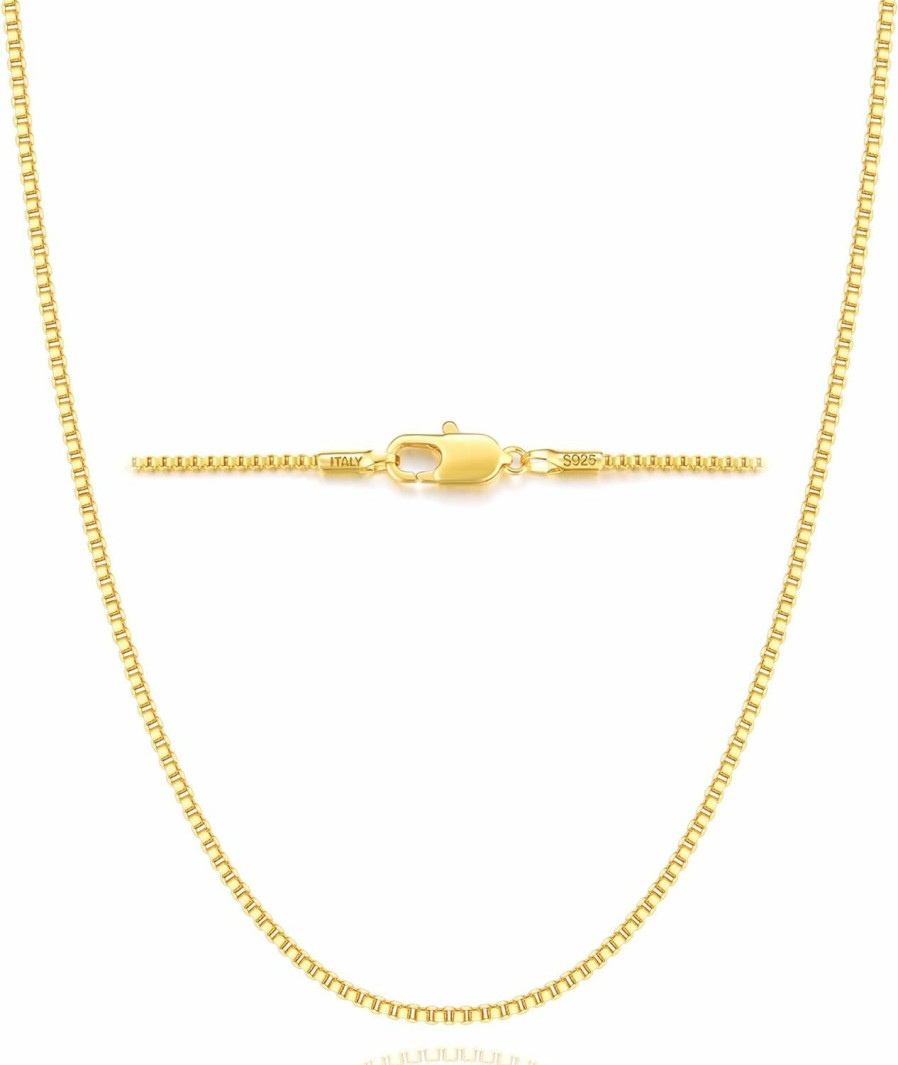 Necklaces | Jewlpire Jewlpire 1Mm Italian Solid 18K Gold Over 925 Sterling Silver Chain Necklace For Women Girls, Italian Box Chain Shiny & Sturdy & Hypoallergenic Women'S Chain Necklaces, 14 16 18 20 22 24 26 Inches