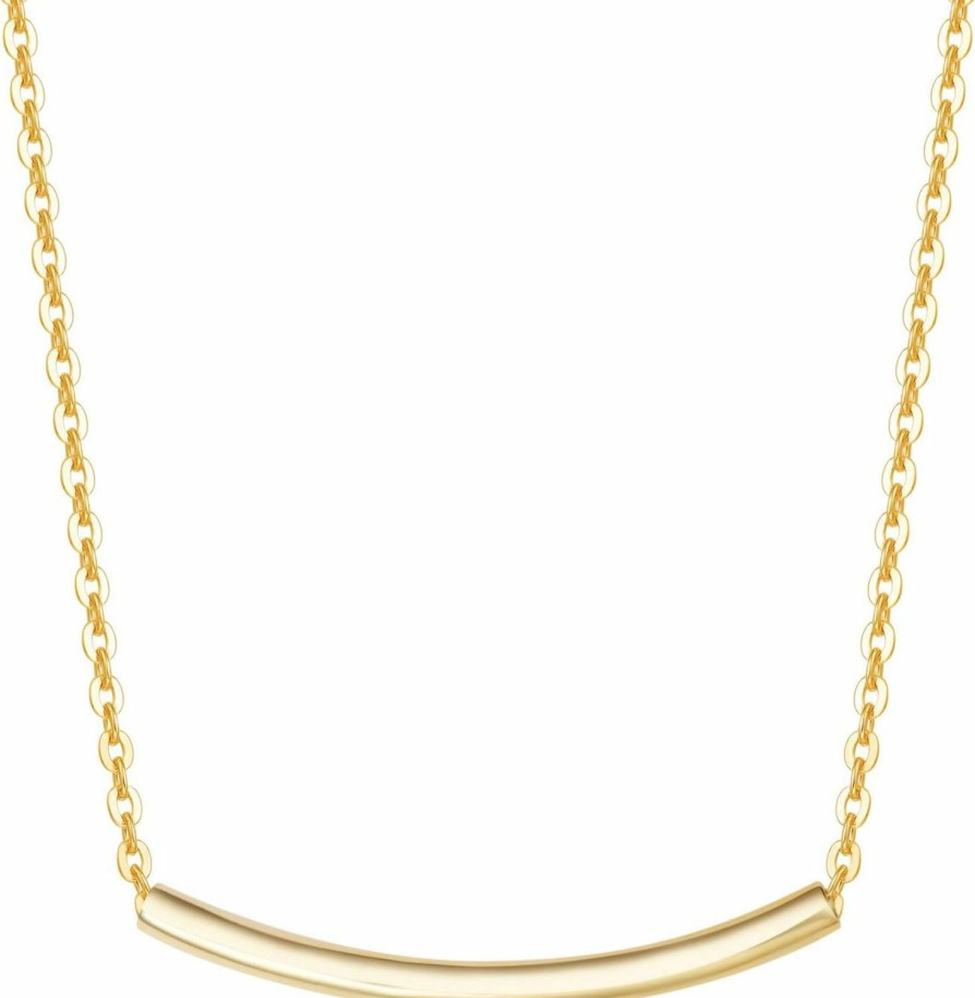 Necklaces | FANCIME Fancime 14K Real Solid Gold Smile Necklace Classic Tube Curve Bar Pendant Simple Basic Daily Wear Fine Jewelry For Women 16"+2" Extender