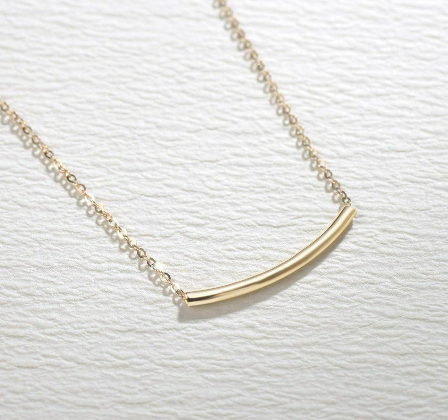 Necklaces | FANCIME Fancime 14K Real Solid Gold Smile Necklace Classic Tube Curve Bar Pendant Simple Basic Daily Wear Fine Jewelry For Women 16"+2" Extender