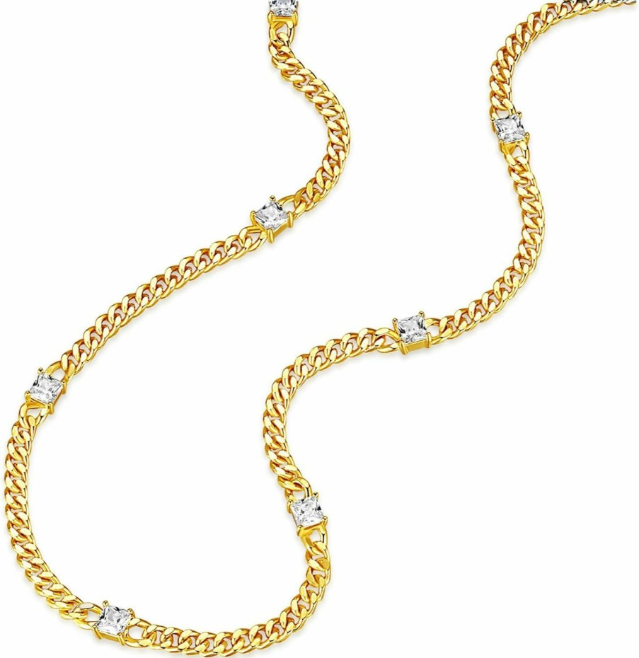 Necklaces | Aurelia Mae 14K Gold Plated Cuban Link Chain Necklace With Baguette Cut Solitaire Cz | 3Mm Gold Curb Link Necklace 14''+2'' Extender