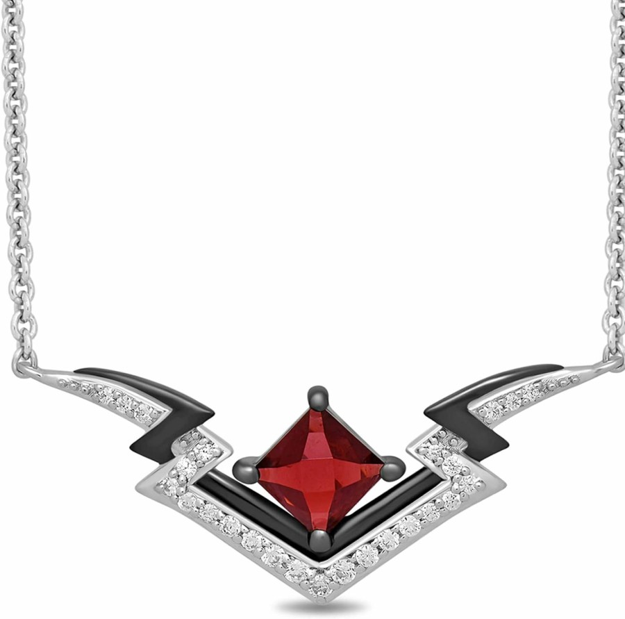 Necklaces | Jewelili Jewelili Enchanted Disney Fine Jewelry The Devil Is In The Details Sterling Silver And Black Rhodium 1/6 Cttw Diamond And Garnet Disney Cruella Live Action Necklace