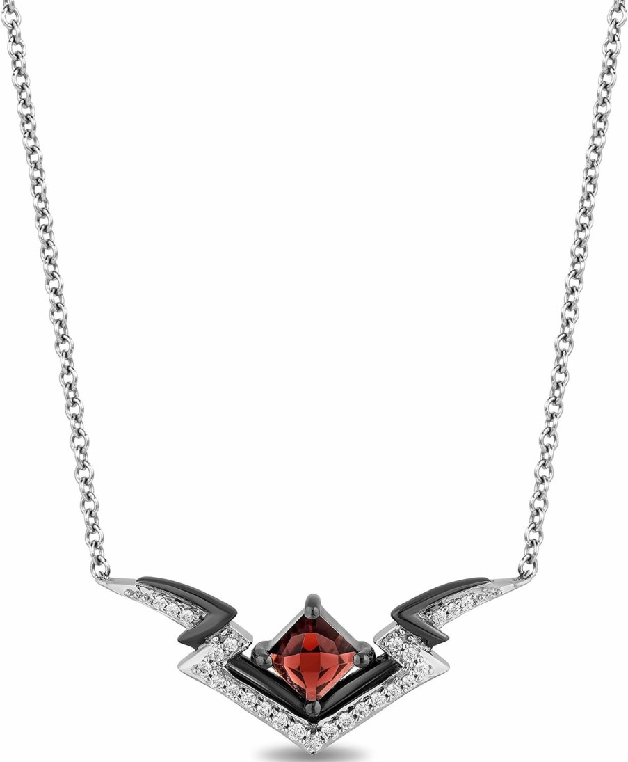 Necklaces | Jewelili Jewelili Enchanted Disney Fine Jewelry The Devil Is In The Details Sterling Silver And Black Rhodium 1/6 Cttw Diamond And Garnet Disney Cruella Live Action Necklace