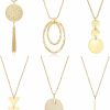 Necklaces | Fesciory Fesciory 6 Pcs Long Pendant Necklace For Women, Gold Bar Circle Leaf Triangle Tassel Y Necklace Set For Girls