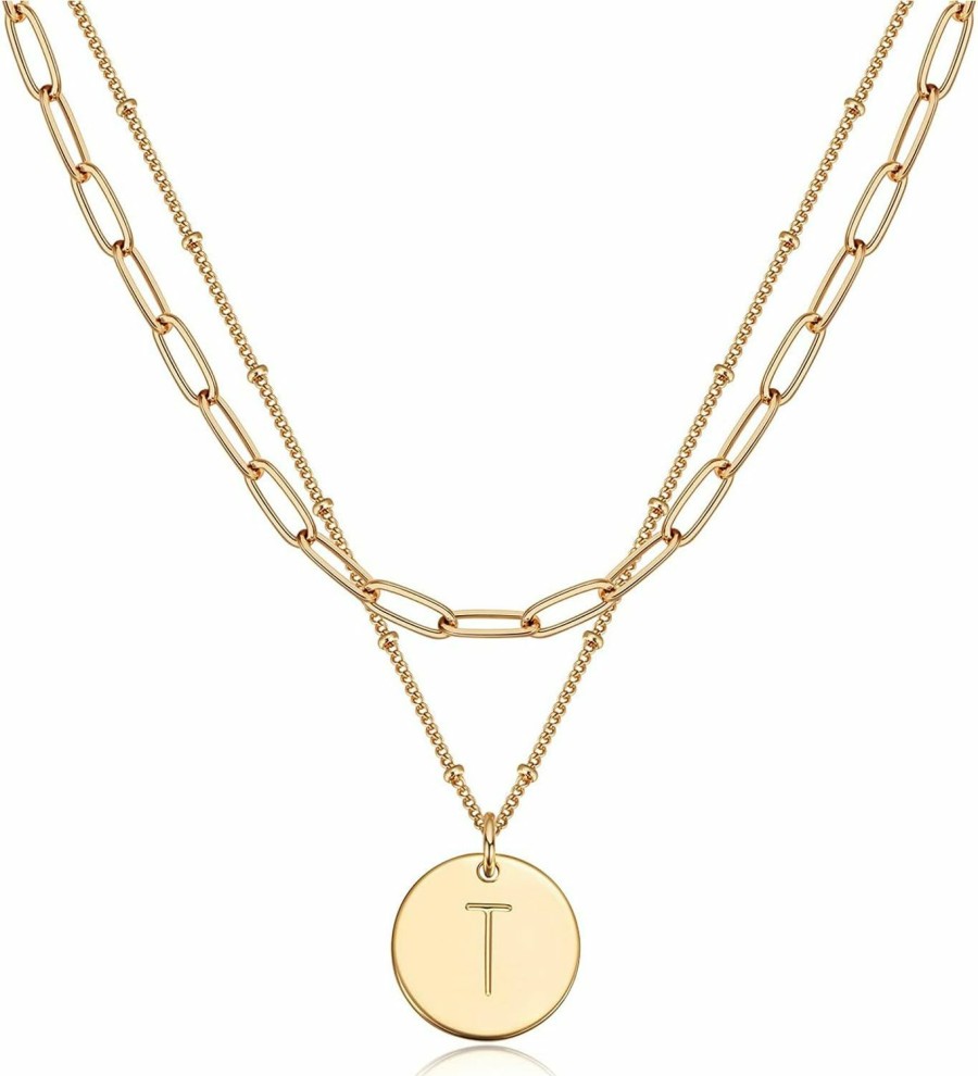 Necklaces | Valloey Rover Valloey Rover Initial Necklaces For Women 14K Gold Plated Dainty Letter Necklce Round Coin Disc Pendant Double Side Engraved A-Z Necklace Personalized Jewelry Gift For Girls