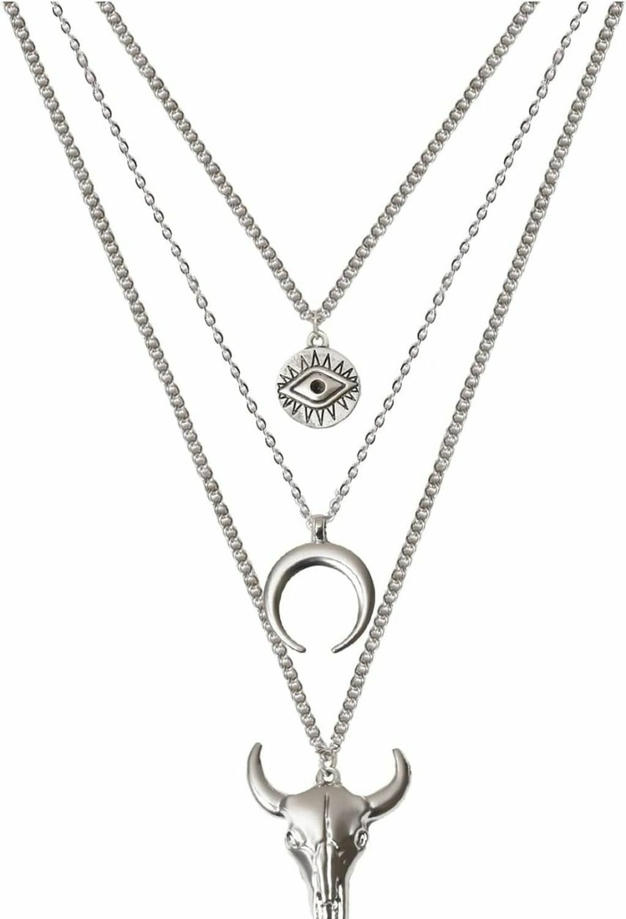 Necklaces | SHAMZBEST Shamzbest Boho Women'S Layered Necklace, Cowboy Cowgirls Western Women'S Necklace, Evil Eye Bull Head Necklace, Women'S Western Jewellery (Silver)