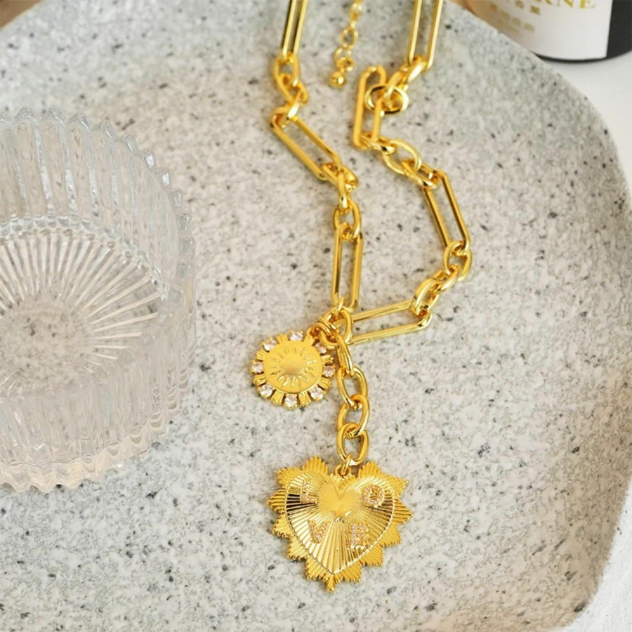 Necklaces | HETICA Hetica Chunky Gold Necklace For Women, Heart Pendants Necklace Sun Flower Necklace Fashion Hip Hop Choker Gift