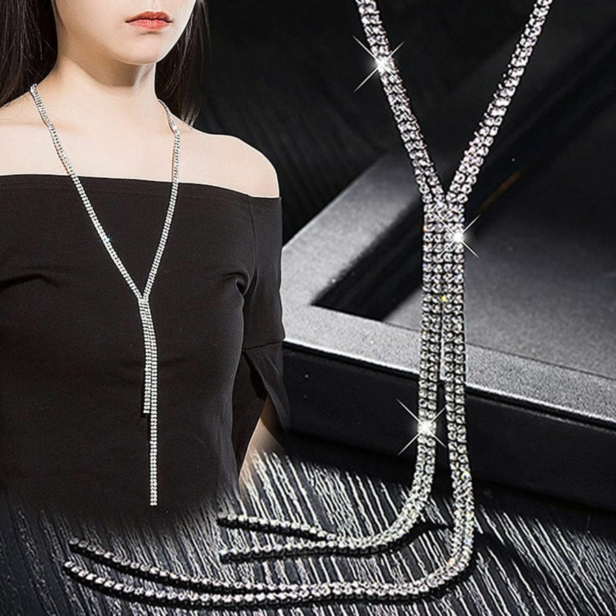 Necklaces | Sither Sither Silver Crystal Necklace For Women Long Sweater Chain Statement Necklace For Wedding Jewelry For Dressy Winter Evening Party