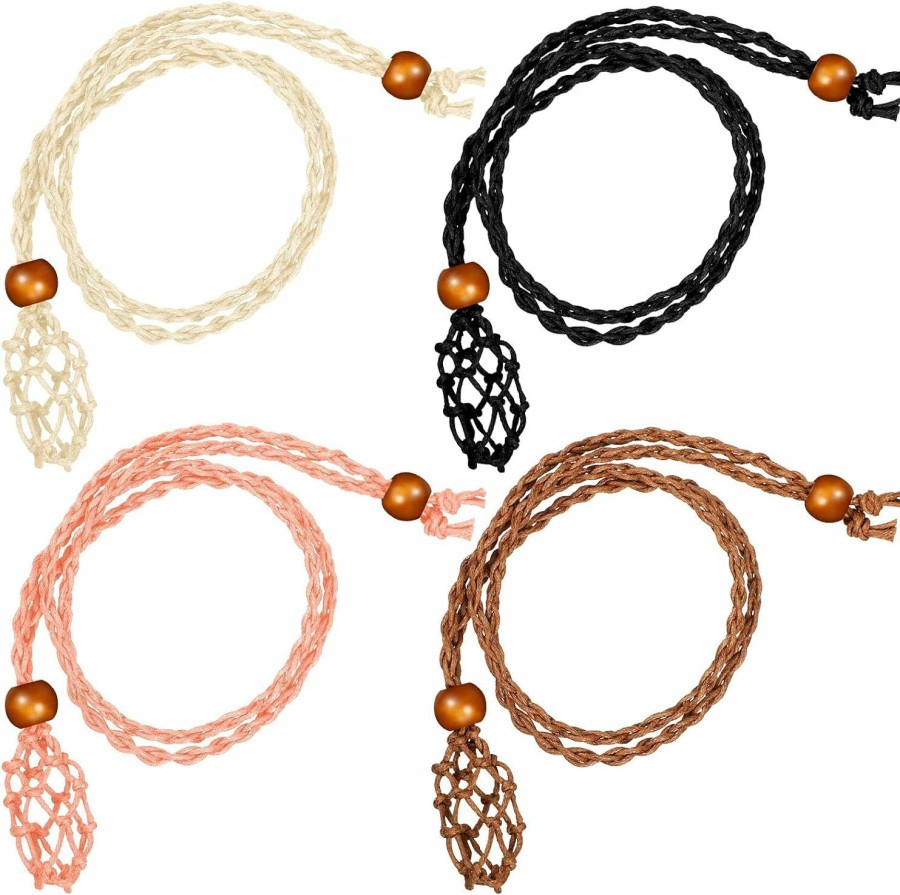 Necklaces | Hicarer Hicarer 4 Pieces Crystal Necklace Holder Empty Stone Crystal Holder Adjustable Rope Necklace Cord Quartz Crystal Raw Stone Necklace Cord Handmade Woven Netted Cage