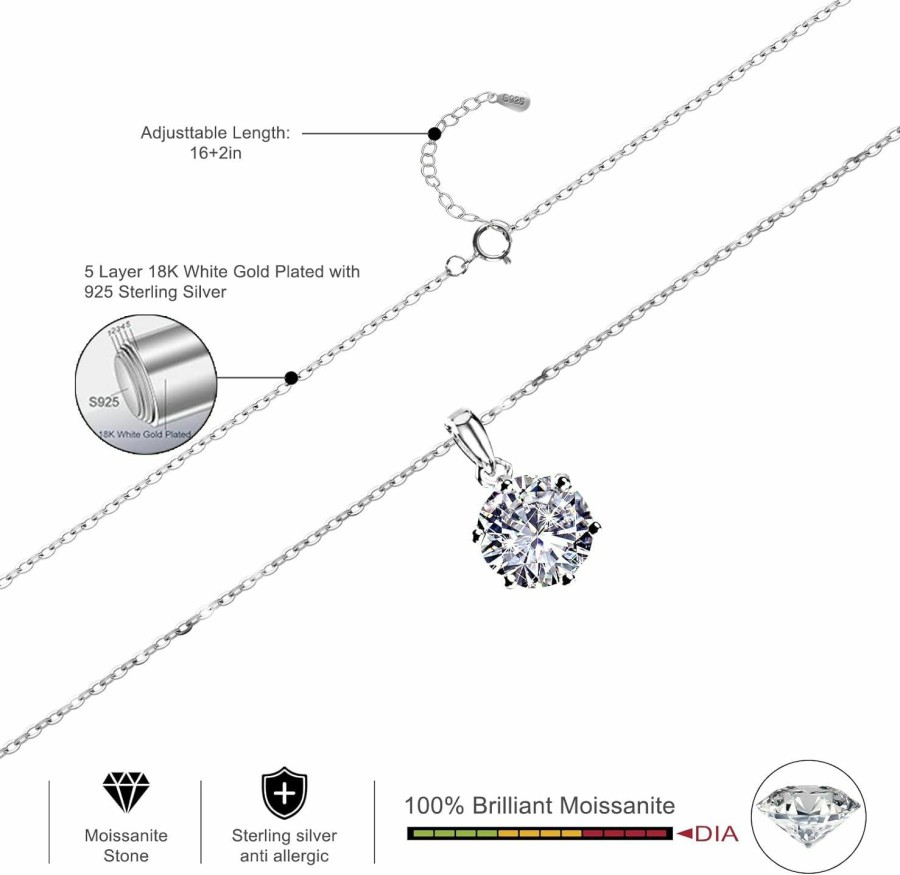 Necklaces | SecreTalk Secretalk Moissanite Pendant Necklace 1-5Ct 18K White Gold Plated Silver D Color Ideal Cut Diamond Necklace For Women With Certificate Of Authenticity