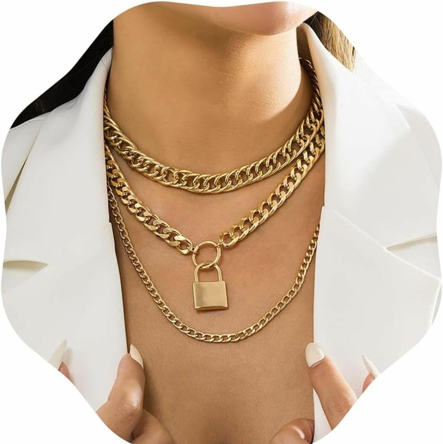 Necklaces | Jumwrit Jumwrit Chunky Chain Necklace Punk Layered Choker Necklaces Cuban Link Chain Necklace With Lock Pendant Necklace Statement Necklace For Women And Girls