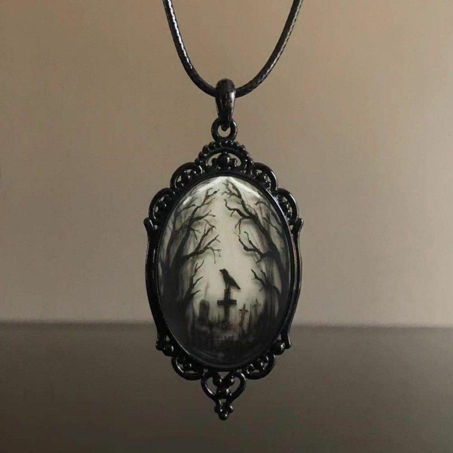 Necklaces | YWMAN Ywman Raven Cross Glass Pendant Necklace - Vintage Gothic Rope Chain Crow Choker - Mystic Witch Jewelry Gift Accessories