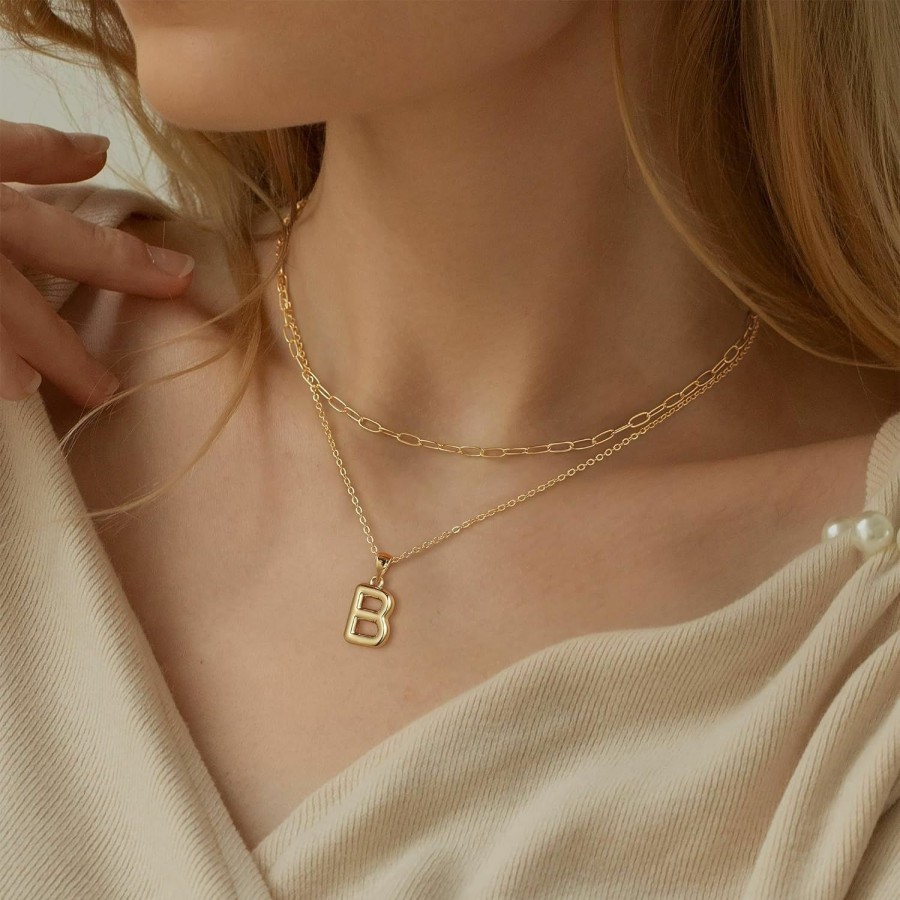 Necklaces | Turandoss Turandoss Bubble Letter Necklace Gold - Layered Gold Initial Necklaces For Women, Dainty Gold Initial Choker Chain Necklace Gold Jewelry For Women Teen Girls Gifts