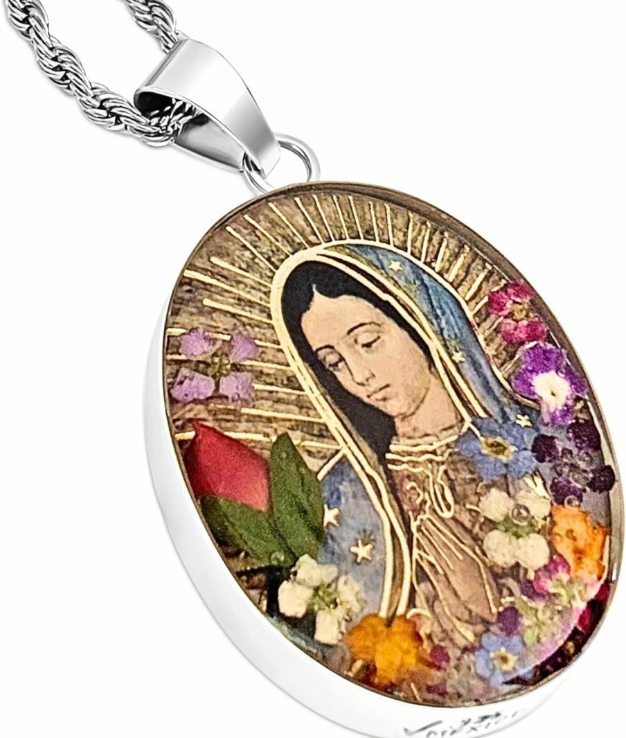 Necklaces | IREKUA Virgin Mary Necklace Lady Of Guadalupe Pendant 925 Sterling Silver With 20\" Stainless Steel Chain Medalla Virgen Maria Miraculous Mary Medal Pressed Flower Catholic Religious Gift Jewelry -Handmade By