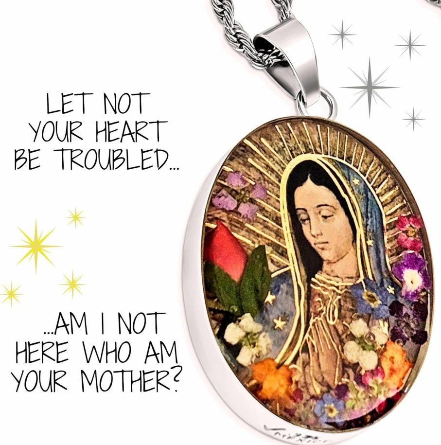 Necklaces | IREKUA Virgin Mary Necklace Lady Of Guadalupe Pendant 925 Sterling Silver With 20\" Stainless Steel Chain Medalla Virgen Maria Miraculous Mary Medal Pressed Flower Catholic Religious Gift Jewelry -Handmade By