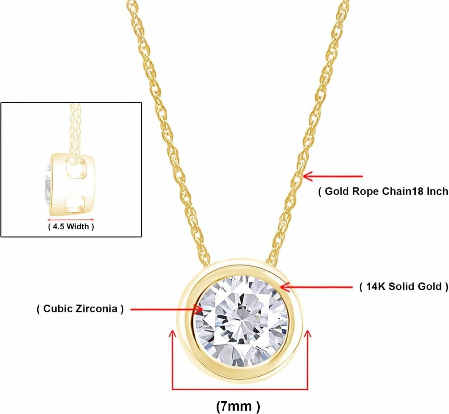 Necklaces | THE JEWEL ZONE The Jewel Zone 14K Solid Gold Pendant Necklace, Bezel Set 1 Carat Round Cubic Zirconia Solitaire Pendant Necklace For Women With 18\" Gold Chain Gift For Her