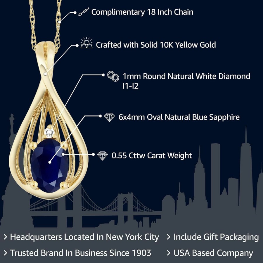 Necklaces | Gem Stone King Gem Stone King 10K Yellow Gold Blue Sapphire And White Diamond Teardrop Pendant Necklace For Women (0.55 Cttw, Gemstone September Birthstone, Oval 6X4Mm, With 18 Inch Chain)