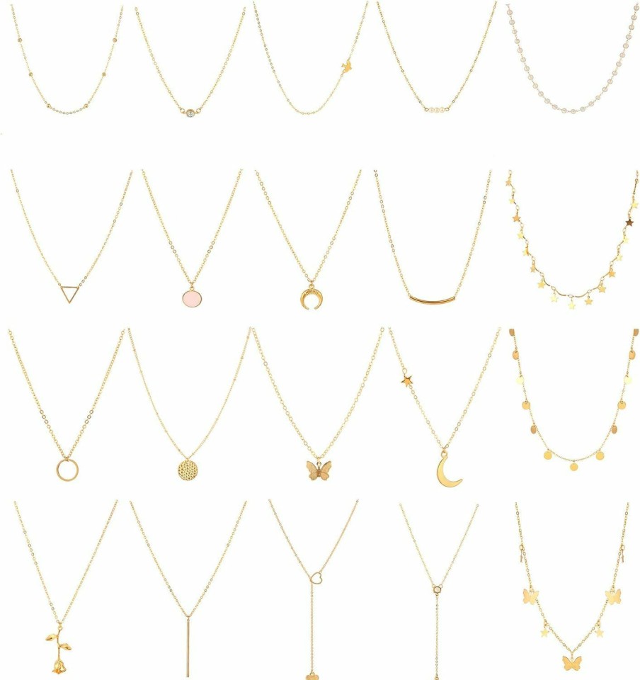 Necklaces | Honsny Honsny 20Pcs 14K Gold Plated Choker Necklaces For Women, Dainty Gold Diamond Coin Pearl Pendant Simple Chain Necklace Set Cute Gold Layered Necklaces For Women Teen Girls Jewelry Gifts