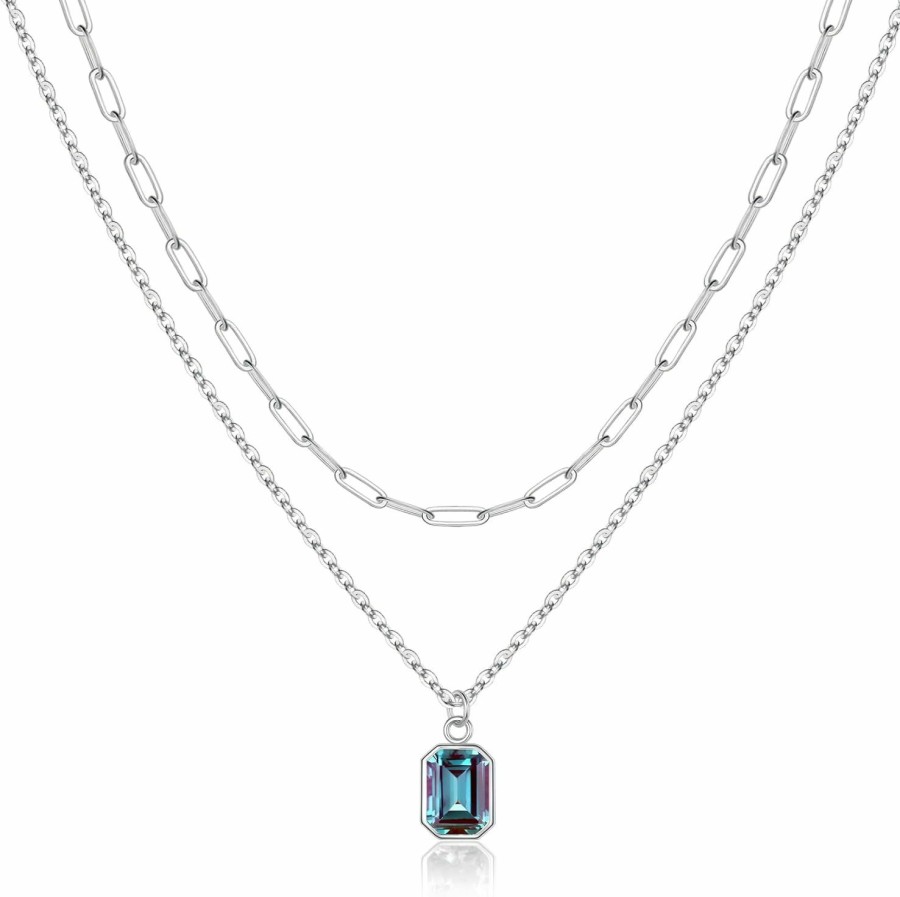 Necklaces | Vrsilver Vrsilver Mothers Day Gifts For Mom - Layered Birthstone Necklace For Women Girls, Gold Layered Paperclip Chain Choker Necklace With Rectangle Birthstone Pendant Birthday Gifts For Women Girls Jewelry