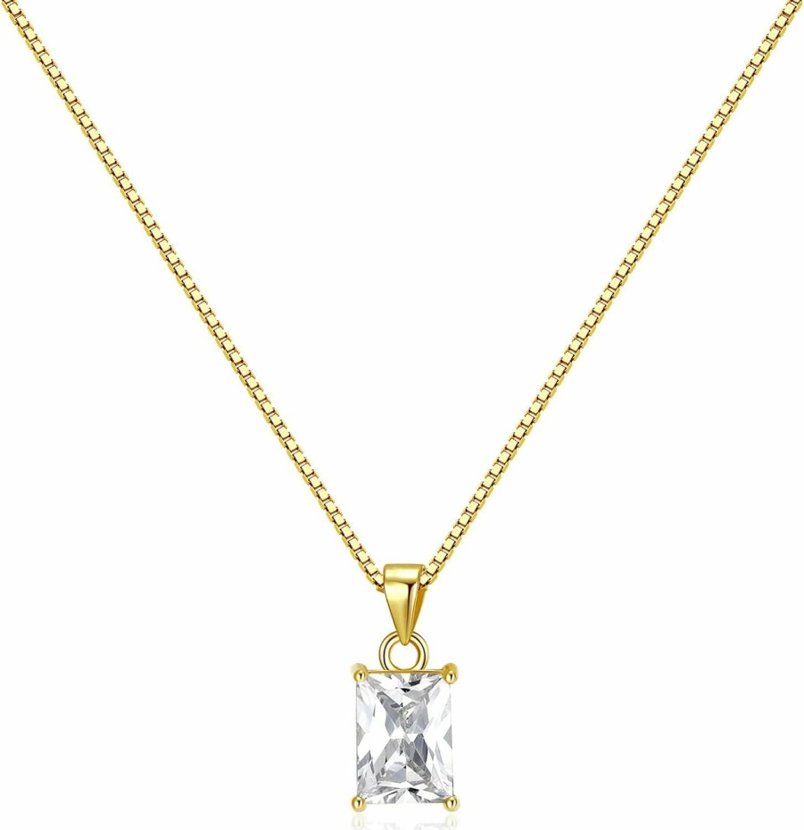 Necklaces | espere Espere Baguette Cz Pendant Necklace | 14K Gold Plated Sterling Silver | Emerald Baguette Pendant Dainty Box Chain Necklace 18''