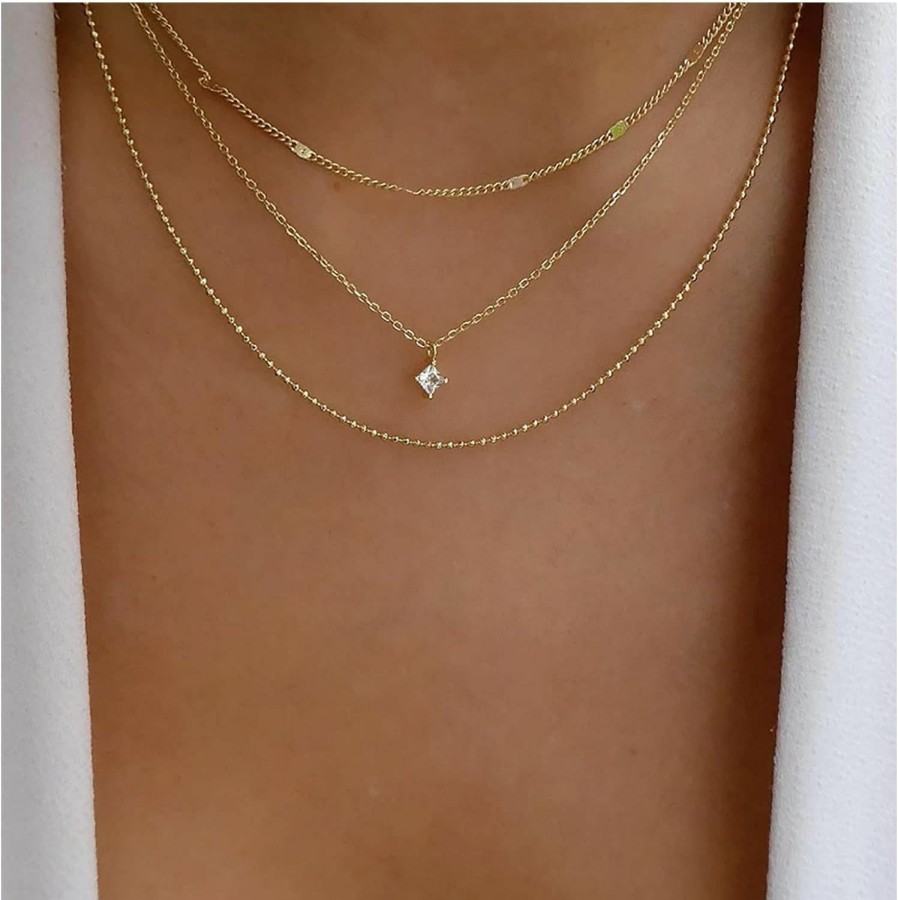 Necklaces | Andelaisi Andelaisi Boho Layered Crystal Choker Necklace Gold Rhinestone Square Necklace Choker Sparkly Cz Crystal Pendant Necklace Vintage Ball Chain Necklace For Women And Girls