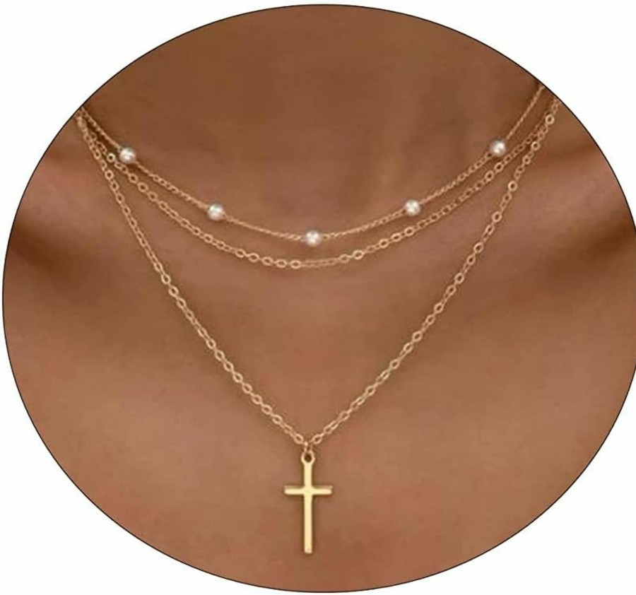 Necklaces | Pancert Pancert Layered Gold Necklaces For Women Dainty Gold Necklace 14K Gold Plated Cuban Pearl O Box Paper Clip Chain Circle Cross Fashion Pendant Necklaces Trendy Jewelry Set Simple Girls Jewelry Gifts