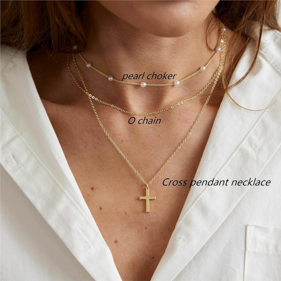 Necklaces | Pancert Pancert Layered Gold Necklaces For Women Dainty Gold Necklace 14K Gold Plated Cuban Pearl O Box Paper Clip Chain Circle Cross Fashion Pendant Necklaces Trendy Jewelry Set Simple Girls Jewelry Gifts