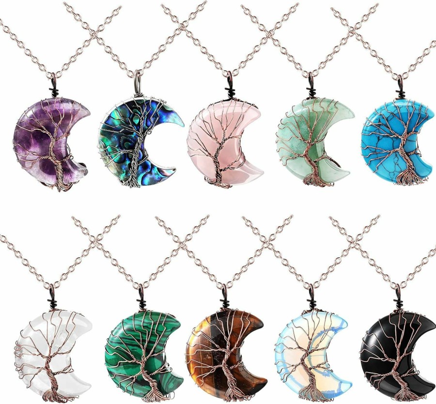 Necklaces | Amazon 10 Pieces Crystal Necklaces Life Tree Moon Necklace Healing Crystal Stones Necklaces Spiritual Pendants Natural Quartz Jewelry With Exquisite Velvet Bag For Women Girls