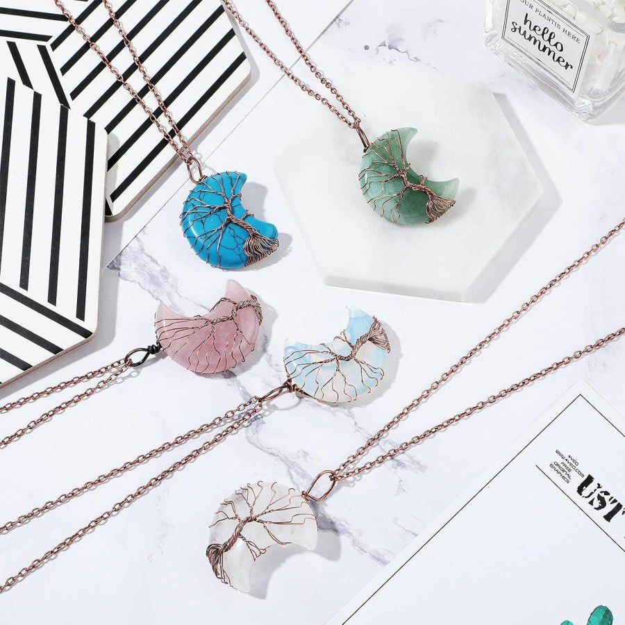 Necklaces | Amazon 10 Pieces Crystal Necklaces Life Tree Moon Necklace Healing Crystal Stones Necklaces Spiritual Pendants Natural Quartz Jewelry With Exquisite Velvet Bag For Women Girls