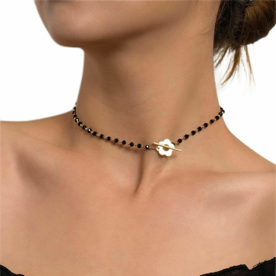 Necklaces | Octwine Octwine Dainty Boho Flower Short Choker Necklace Simple Black Crystals Choker Necklaces For Women And Girls (Silver )