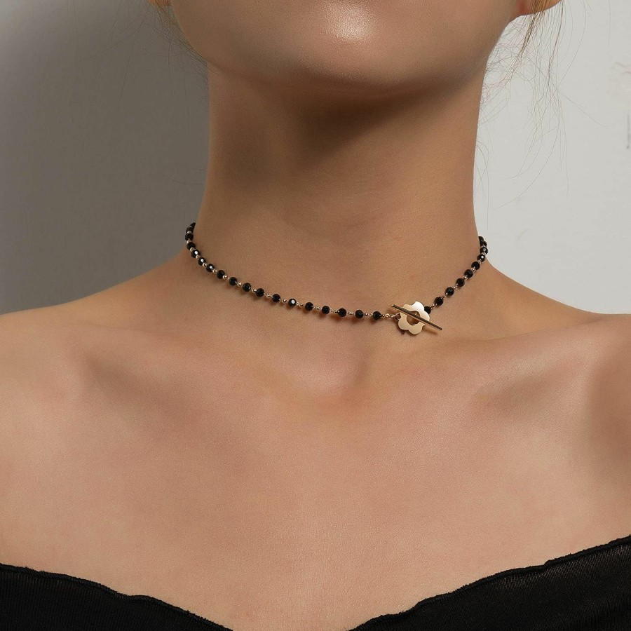 Necklaces | Octwine Octwine Dainty Boho Flower Short Choker Necklace Simple Black Crystals Choker Necklaces For Women And Girls (Silver )