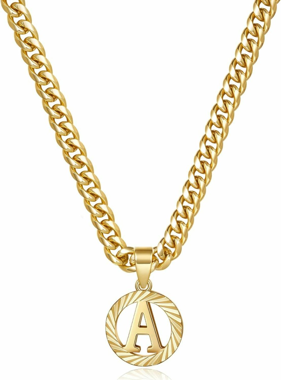 Necklaces | KissYan Kissyan Gold Initial Necklace,14K Gold Plated Round Letter Pendant Hollow Capital Monogram 5Mm Cuban Chain Necklace Alhpabets From A-Z Dainty Jewelry For Women Men Girls