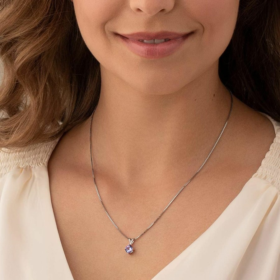 Necklaces | PEORA Peora 14K White Gold Tanzanite Pendant For Women, Genuine Gemstone Classic Solitaire, 1 Carat Cushion Cut, 6Mm, Aaa Grade