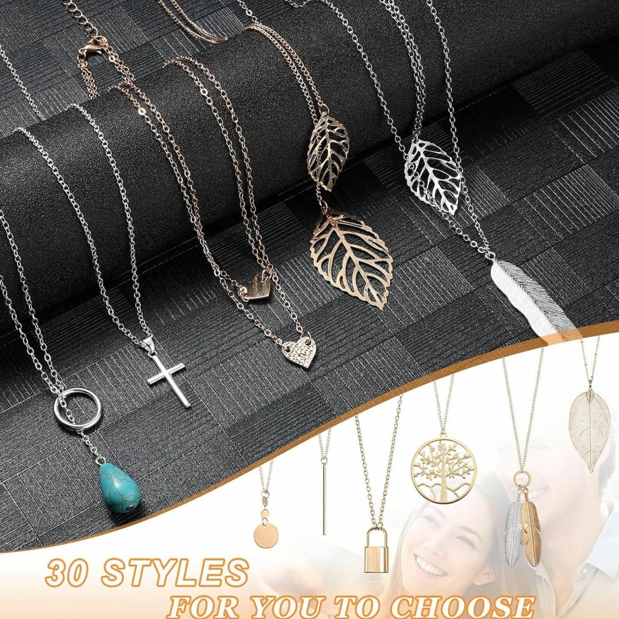 Necklaces | Hicarer Hicarer 30 Pieces Long Pendant Necklace Set Simple Bar Layer Tassel Y Tassel Leaf Circle Bar Necklace Y-Shaped Statement Sweater Necklace For Women Girls