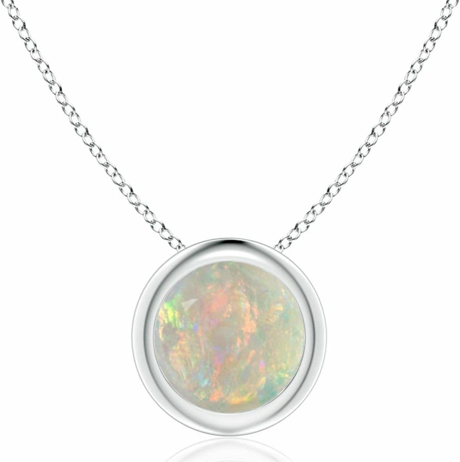 Necklaces | Angara Angara Bezel-Set Round Opal Solitaire Pendant Necklace For Women, Girls In Sterling Silver / 14K Solid Gold/Platinum October Birthstone | Jewelry Gift For Her | Birthday | Wedding | Anniversary