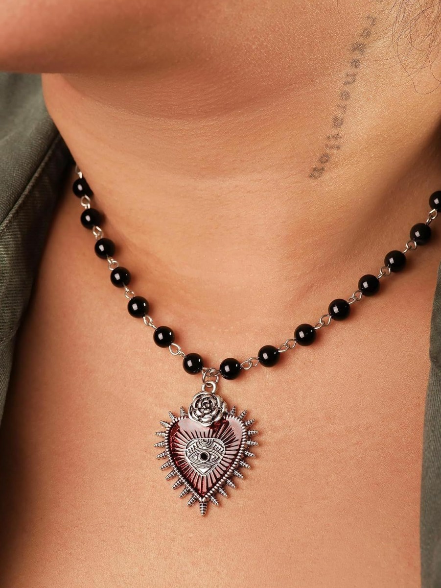 Necklaces | Sacina Sacina Gothic Y2K Red Heart Necklace,Black Beaded Heart Necklace, Gothic Necklace, Y2K Necklaces, Halloween Necklace, Christmas New Year Jewelry Gift For Women