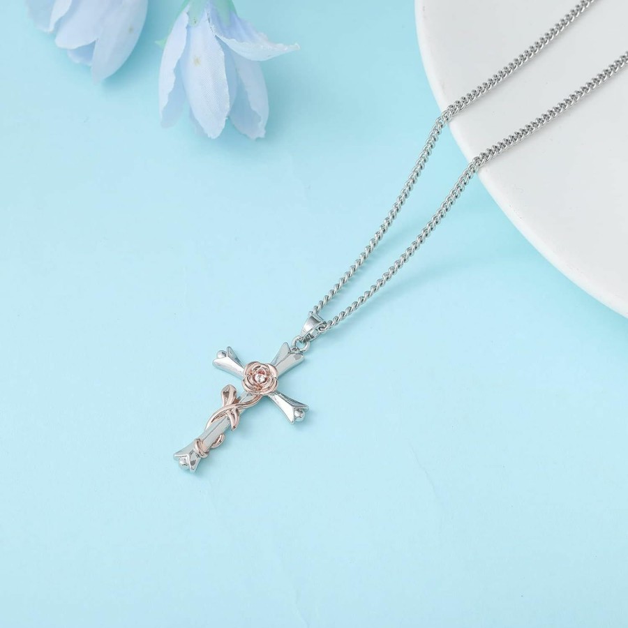 Necklaces | ACECHA Acecha Cross Necklace For Women | Silver Faith Birthstone Cross Pendant With Birth Flower Jewelry Gifts For Teen Girls Wife Women For Birthday Anniversary